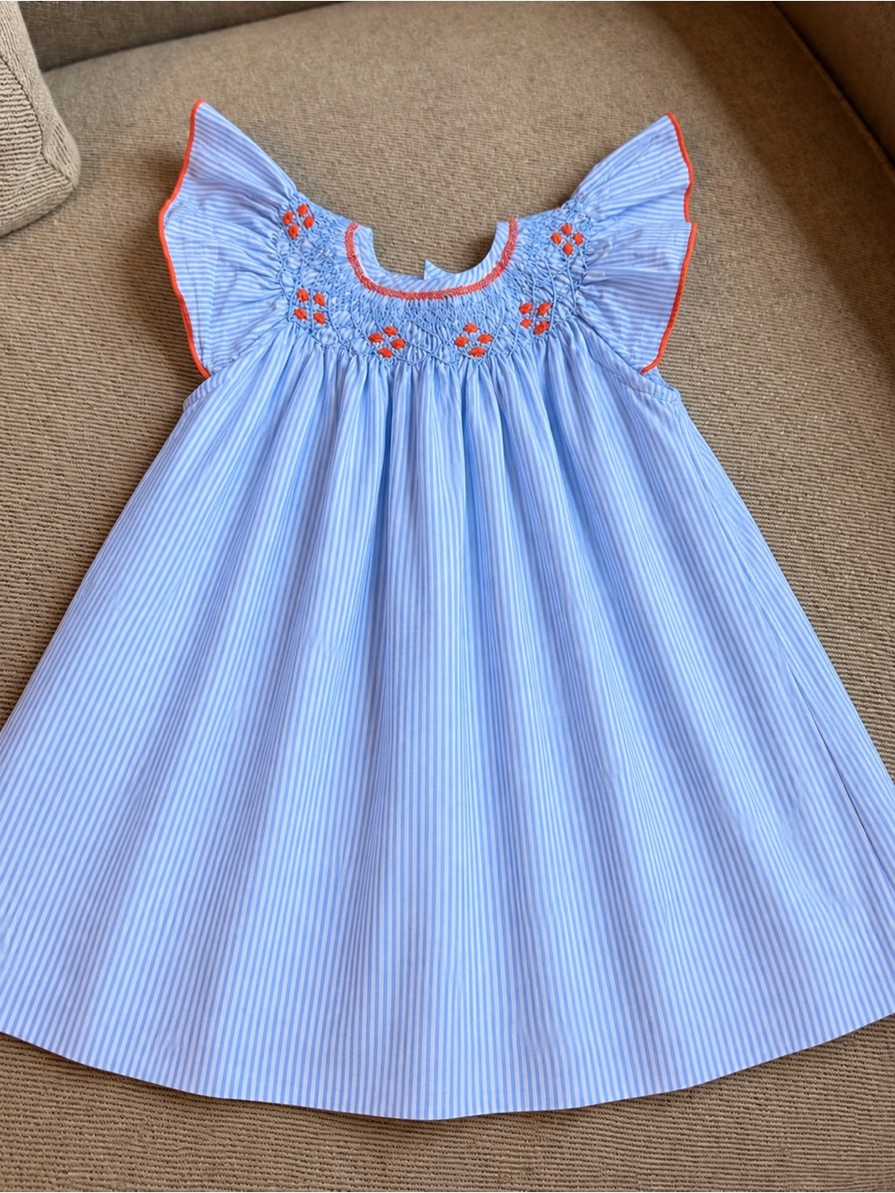 Girls Blue Striped Smocked Dress with Orange Trim